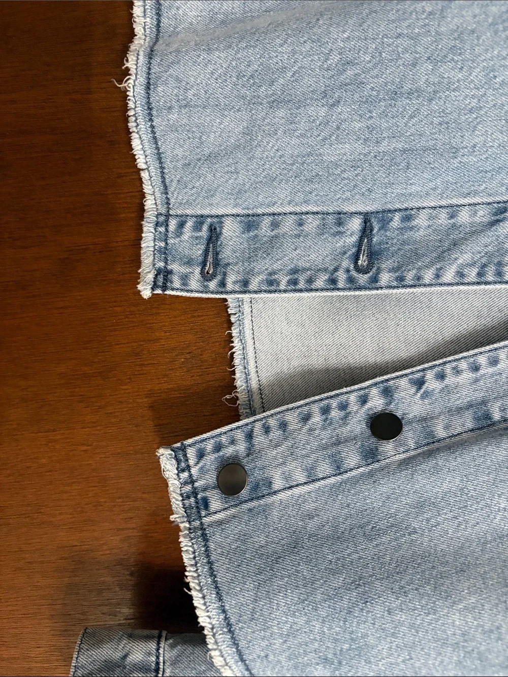 Kut from the Kloth Light Blue Collarless Denim Jacket with Frayed Trim